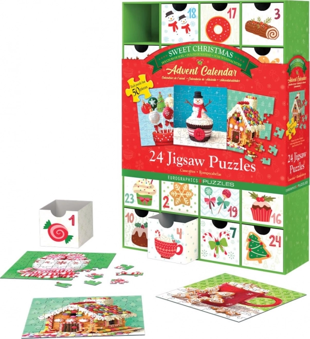 Adventskalender med puslespil Eurographics 24 x 50 stykker – Søde Jul