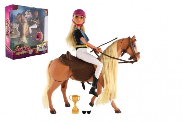 Hest drikkeflaske + dukke jockey Anlily leddet plast med tilbehør i kasse 32x36x11cm