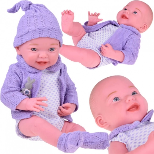 Smilende babydukke 40 cm med lilla cardigan