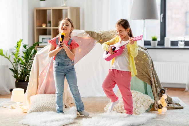 Børneguitar i træ med metalstrenge, lyserød ECOTOYS