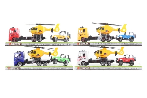 Lastbil med helikopter og terrængående bil
