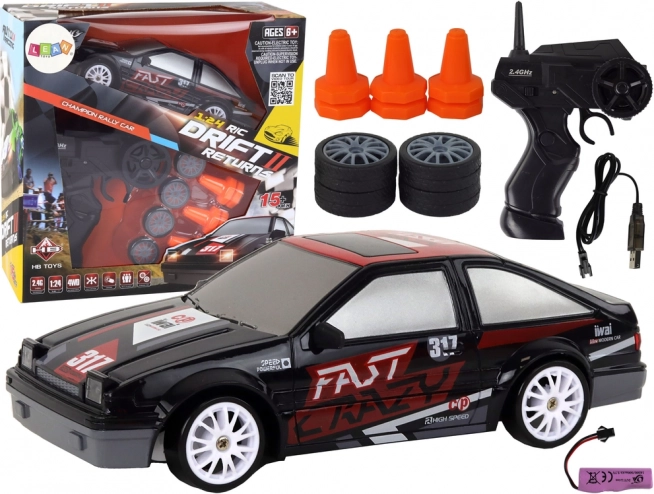 Sports RC-bil 1:24 sort med udskiftelige hjul