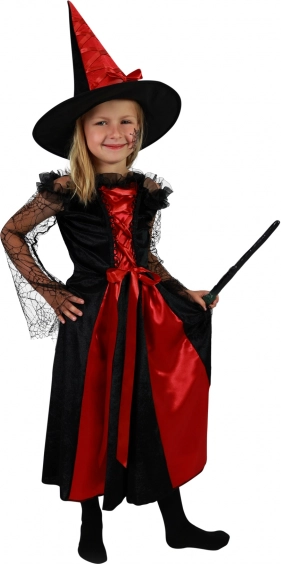 Børnekostume heks sort-rød med hat – størrelse M (6–8 år)