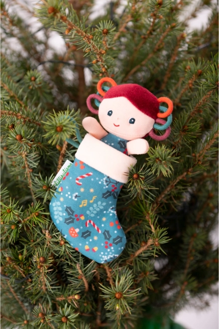 Lilliputiens julesmåkalf med blå strømpe