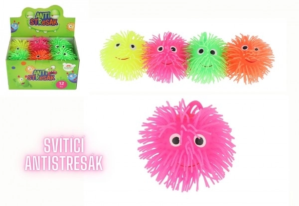 Plysset antistress klemmebold silikone 8cm med lys 4 farver i pose 12 stk. i kasse