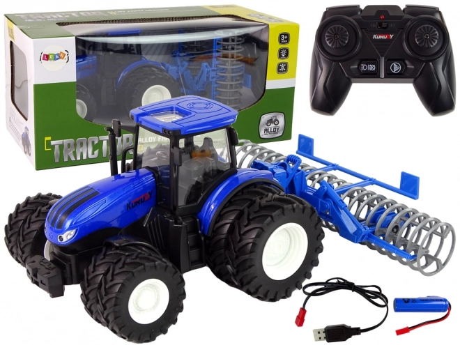 Fjernstyret traktor 1:24 Blå Skive Aggregat Metal
