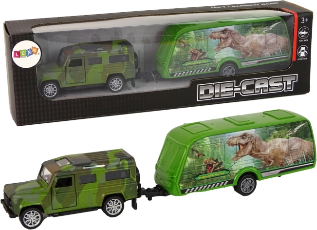 Jeep-legetøj med trailer og dinosaurer