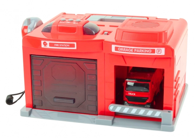 Brandstation med bil og walkie-talkie