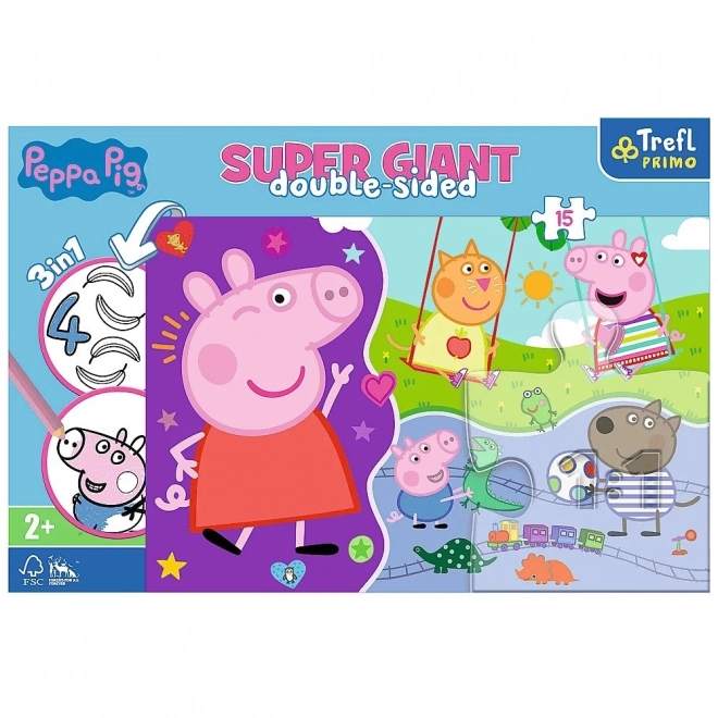 Puslespil 3i1 KÆMPE dobbeltsidet 15 brikker Grisling Peppa/Peppa Gris 60x40cm i kasse 40x27x6cm 24m+