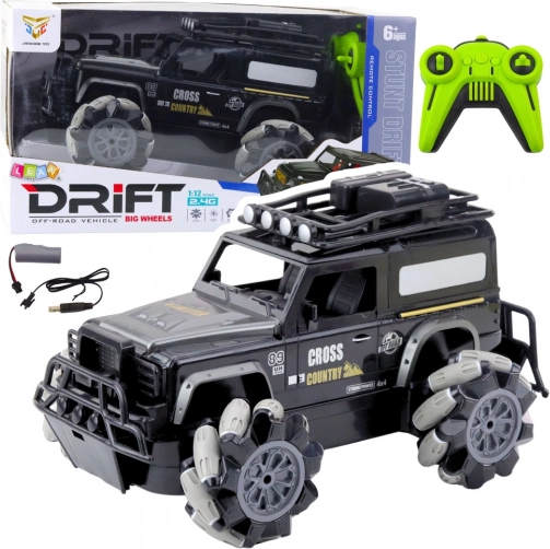 RC terræn-driftbil 1:12, sort, 360° spins og LED