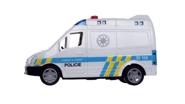 Politibil van plastik 15 cm på trækkraft med batteri med lyd og lys i kasse 19x13x9 cm