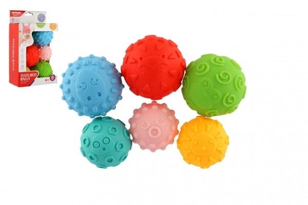 Sæt af bolde 6 stk med tekstur, gummi 6-8cm i kassen 15x24x8cm 6m+