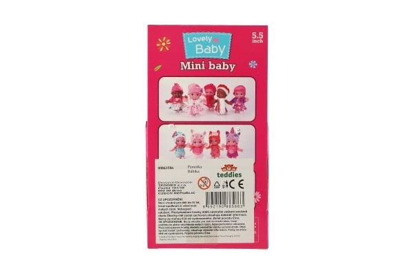 Dukke/baby med hue plastik fast krop 15cm 4 slags i æske 9x16x6cm