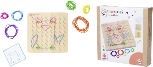 Montessori geometrisk plade med farvede elastikker
