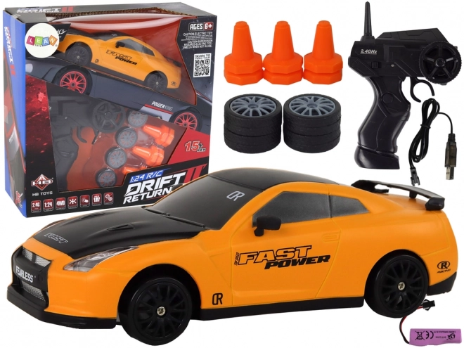 Fjernstyret sportsbil R/C 1:24 udskiftelige hjul – Gul