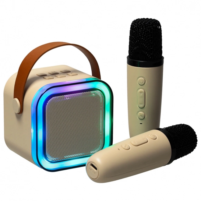 Karaoke sæt 2 mikrofoner + bærbar højttaler BLUETOOTH USB LED beige farve