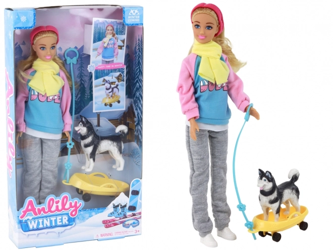 Dukke Anlily med Husky hund og Kælk Vinterudgave