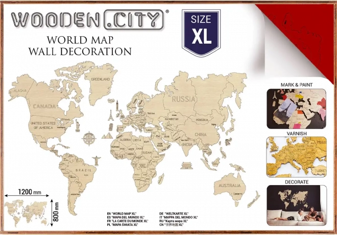 Træverdenskort XL 120 × 80 cm rød WOODEN CITY