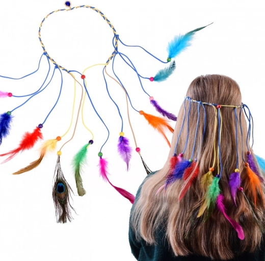 Boho hårbånd med farverige fjer og perler
