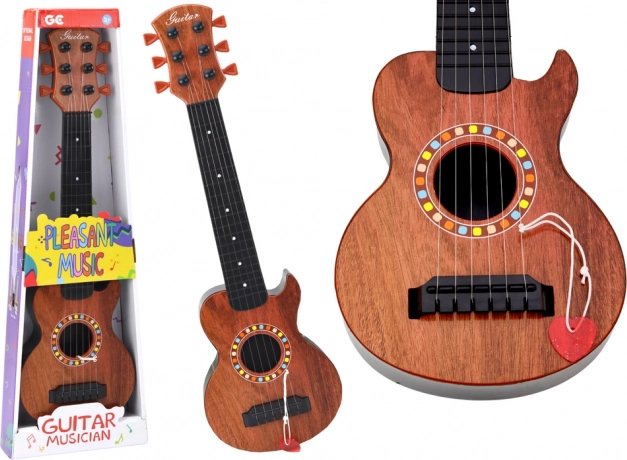 Brun trælegetøjsguitar til børn med plekter