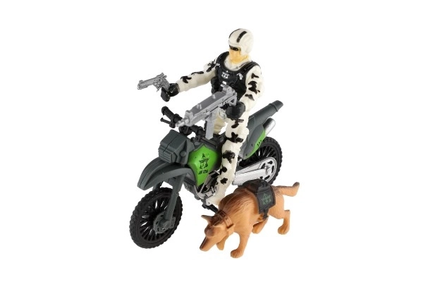 Militært sæt plastik motorcykel, soldat, hund med tilbehør i kasse 23x14x4cm