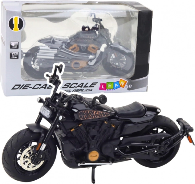metalmodel af chopper-motorcykel 1:12, sort med gyldne elementer med lys og lyde