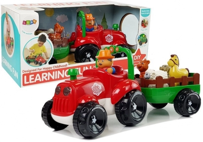 Traktor med trailer, dyr til børn med lys på batterier Lyd