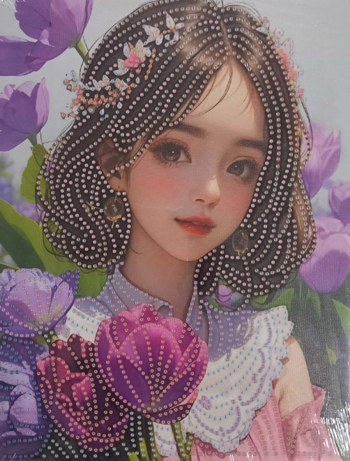 Diamantmaling Pige med blomster på lærred 23x30 cm