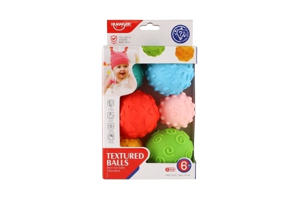 Sæt af bolde 6 stk med tekstur, gummi 6-8cm i kassen 15x24x8cm 6m+