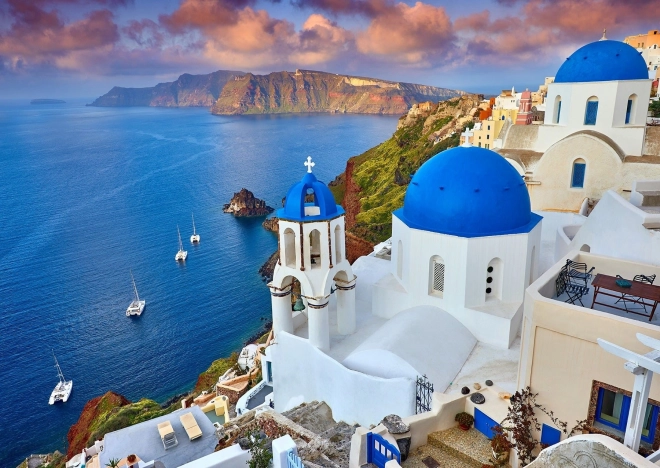 Puslespil Santorini – udsigt over skibe, Grækenland 1000 brikker