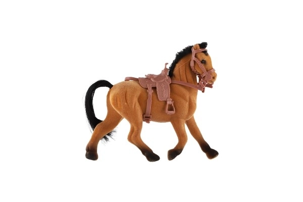 Hest plysdyr med saddel 15 cm 2 farver i pose 16x24 cm