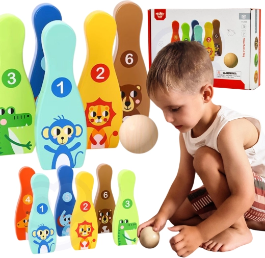 Træ-keglesæt til børn med dyremotiver 6 stk + bold TOOKY TOY