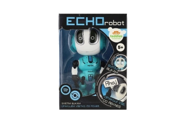 Robot ECHO gentagende sætninger metal 12cm blå på batterier med lyd og lys i æske 10,5x15x5,5cm