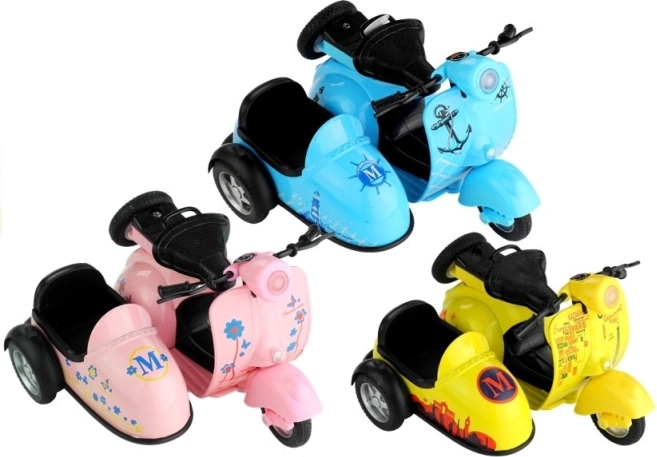 Metalmodel af scooter med sidevogn 1:14 med lys og lyd, 3 farver
