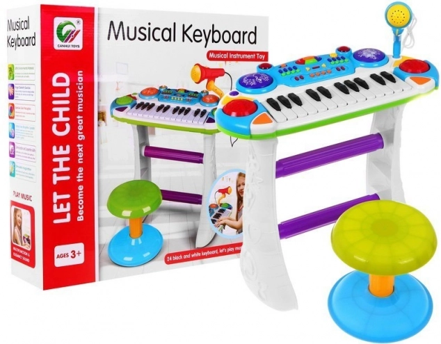 Blåt musiksæt Keyboard + Trommer + Mikrofon til børn 3+ Lys + Lyde 2 oktaver