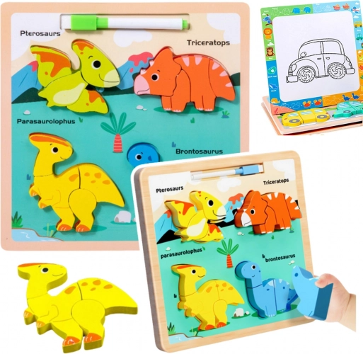 Træpuzzle til læring Dinosaurer med tegnetavle