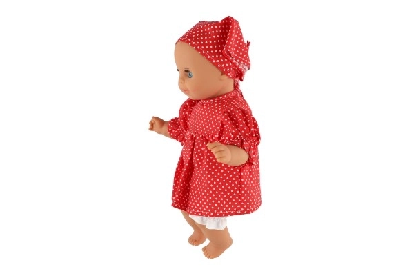 Dukke/Baby Hamiro 30cm, stofkrop kjole rød + hvid prik + tørklæde i boks 20x35x13cm