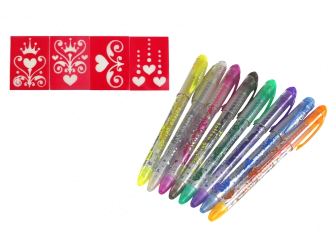 Sæt af glitter penne til tatovering 8 stk. Skabeloner 4 stk.