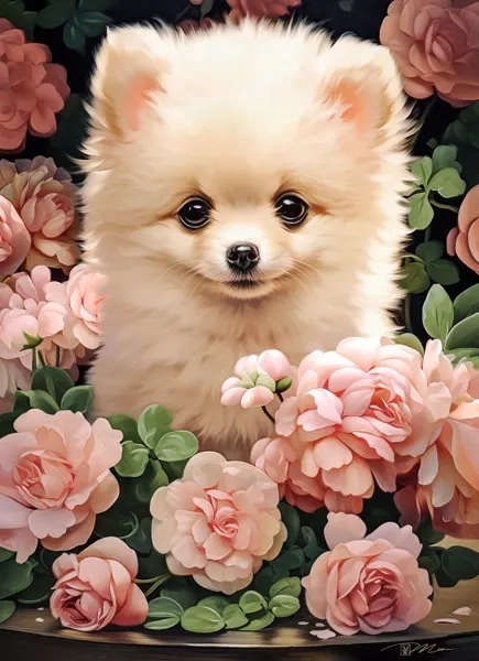 Puslespil Pomeranian-hvalp i roser 60 brikker