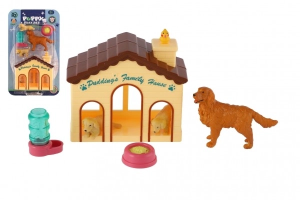 Hundehvalpe/Hund 3 stk med hus/hundehus plast med tilbehør på kort 15x25x5cm