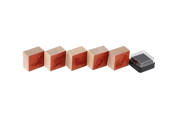 Træstempler 5+1 med pude dinosaurer 3x3cm på kort