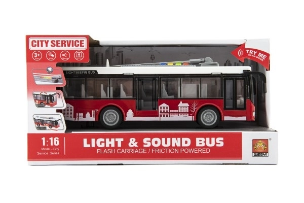 Bus/trolleybus plast 28cm med friktion på batteri med lys og lyd i kasse 32x17x11cm