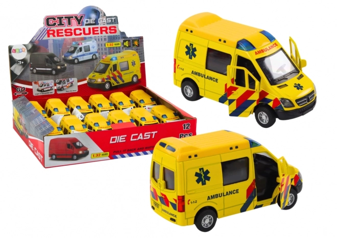Ambulance model 1:32 med åbne døre, lys- og lydeffekter - gul