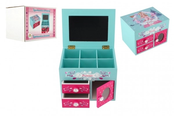 Prinsesse smykkeskrin 3 skuffer afklappelig top med spejl træ 16x12,5x12cm i kasse