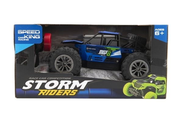 Auto RC buggy terræn blå 22cm plast 2,4GHz på batterier + genopladeligt pack i æske 32x16x18cm