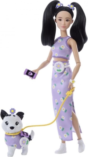 Barbie dobbelt outfit blomster – dukke med hund og tilbehør