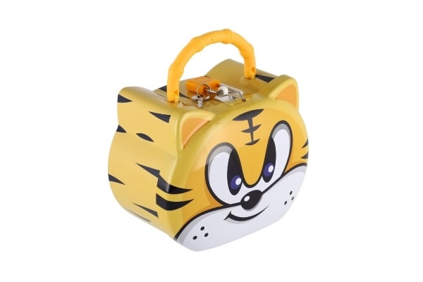 Sparebøsse kat/killing metal med lås 14x12cm 3 farver i plastikæske