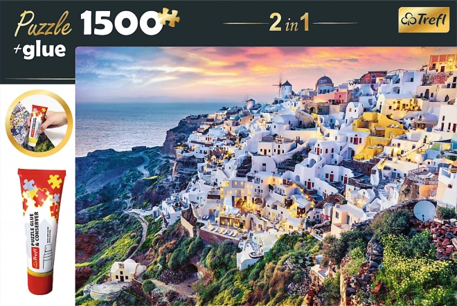 Trefl Sæt 2i1 Puslespil Smukke Ø Santorini Grækenland 1500 Brikker med Lim