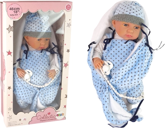 Realistisk babydukke 46 cm med blå tæppe og sut