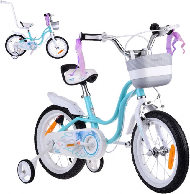 Børnecykel 14" Little Swan med kurv og støttehjul ROYALBABY – Turkis